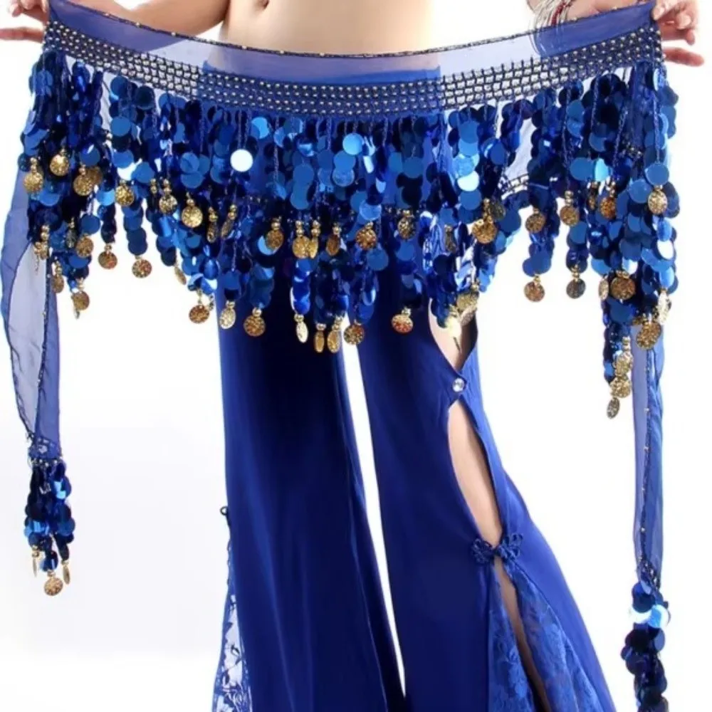Ceinture de danse du ventre tendance, écharpe de hanche, pompon avec pièce de monnaie de couleur or, chaîne de taille, paillettes, ceinture pour femmes, jupe, Costumes de spectacle