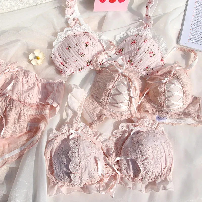 

Lolita Cute Sweet Ultra Thin Bras and Panty Set Princess Underwear Ruffle Bra Brief Thong Set for Young Girl Lingerie Sexy Girls