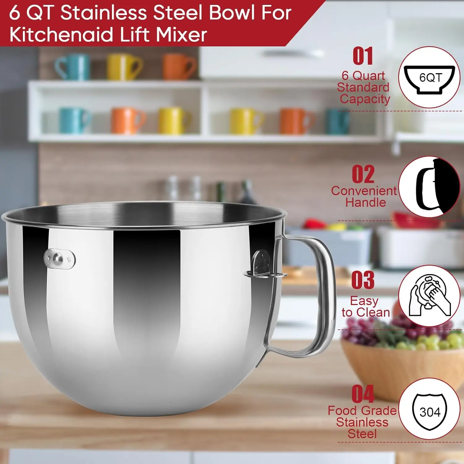 

6 Quart Stainless Steel Bowl for Kitchenaid Picurean and Professional Models ONLY,Mixing Bowl for 6 Quart Bowl-Lift Stand Mixer