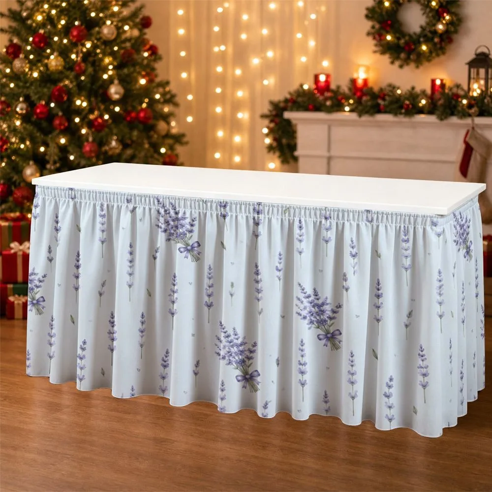 A 1pc table skirt with a light blue background featuring a two-dimensional pattern of lavender branches.