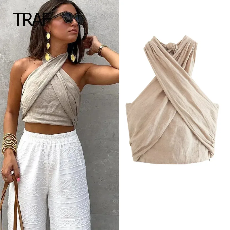 TRAF Linen Halter Top Summer Tops For Women 2023 Crop Backless Sleeveless Sexy Top Designer Female\'s Elegant Fashion Top Trend