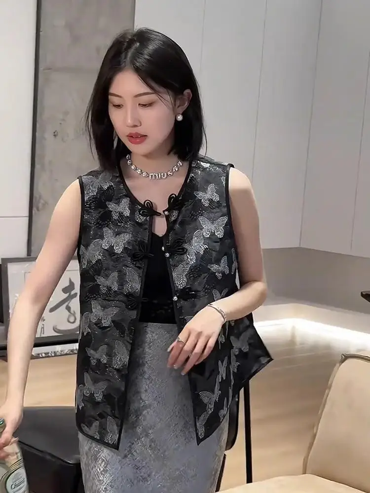 Nieuwe Chinese Sle Geborduurd Vest Vrouwen Lente Herfst 2025, Retro Knop Svel Top Vrouwen High-End Gevoel oulder Pad