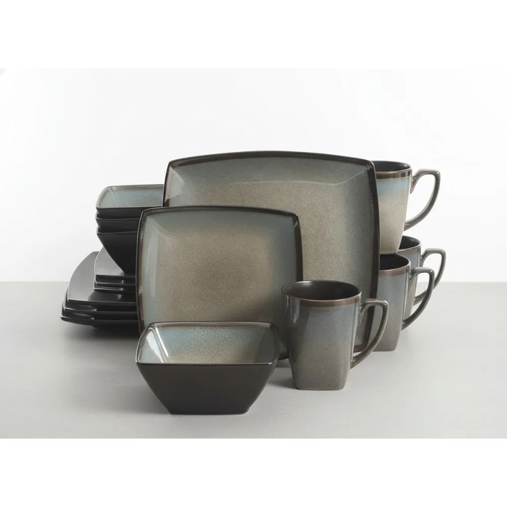 

Набор столовой посуды из камня с квадратной реактивной глазурью, сервиз на 4 (16 шт.), серо-серый — можно мыть в посудомоечной машине и в микроволновой печи