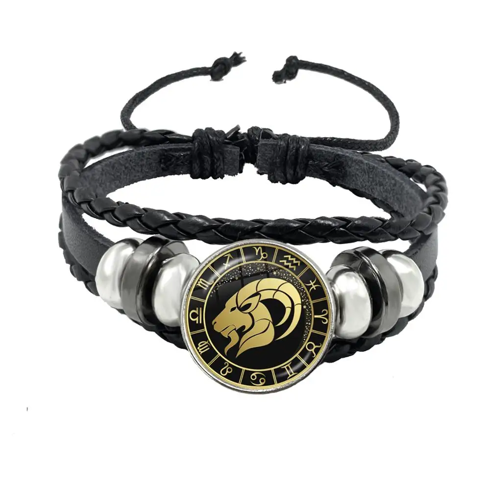12 Constellation Bracelet Scorpio Sagittarius Capricorn Aquarius Black Rope Leather Button Bracelet Zodiac Jewelry For Gift