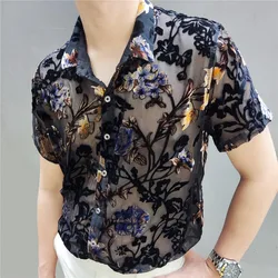 Summer Transparent Color Floral Shirt Masculine Soft Velvet Slim-fit Men Clothing Nightclub Short-sleeved Sexy Shirt See Through