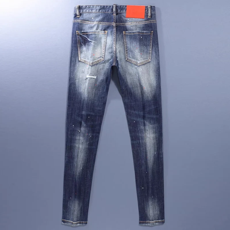 

Мужские джинсы Y2K Street Designer Fashion: ретро-стиль, синие, стрейч, слим-фит, с эффектом потертости и росписи, винтажные джинсовые брюки для мужчин