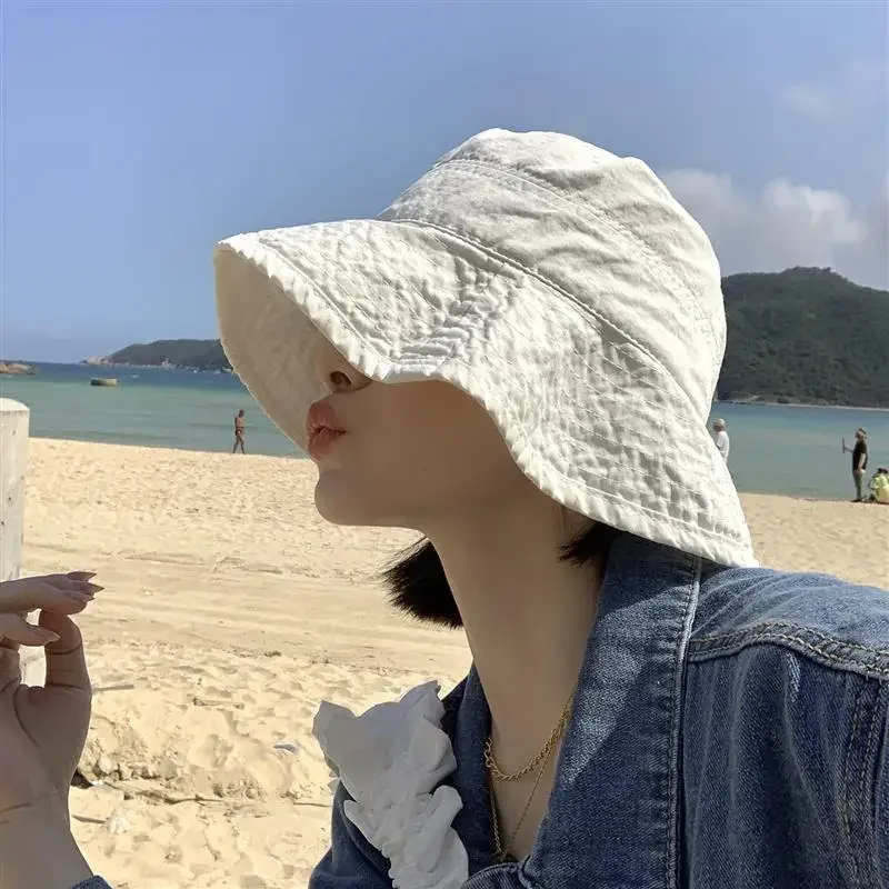 

Washed Denim Bucket Hat Women's Summer Face Slimming Sunshade Hat Trendy Casual Fishing Cap Cotton Stripe Pattern Beach Cap