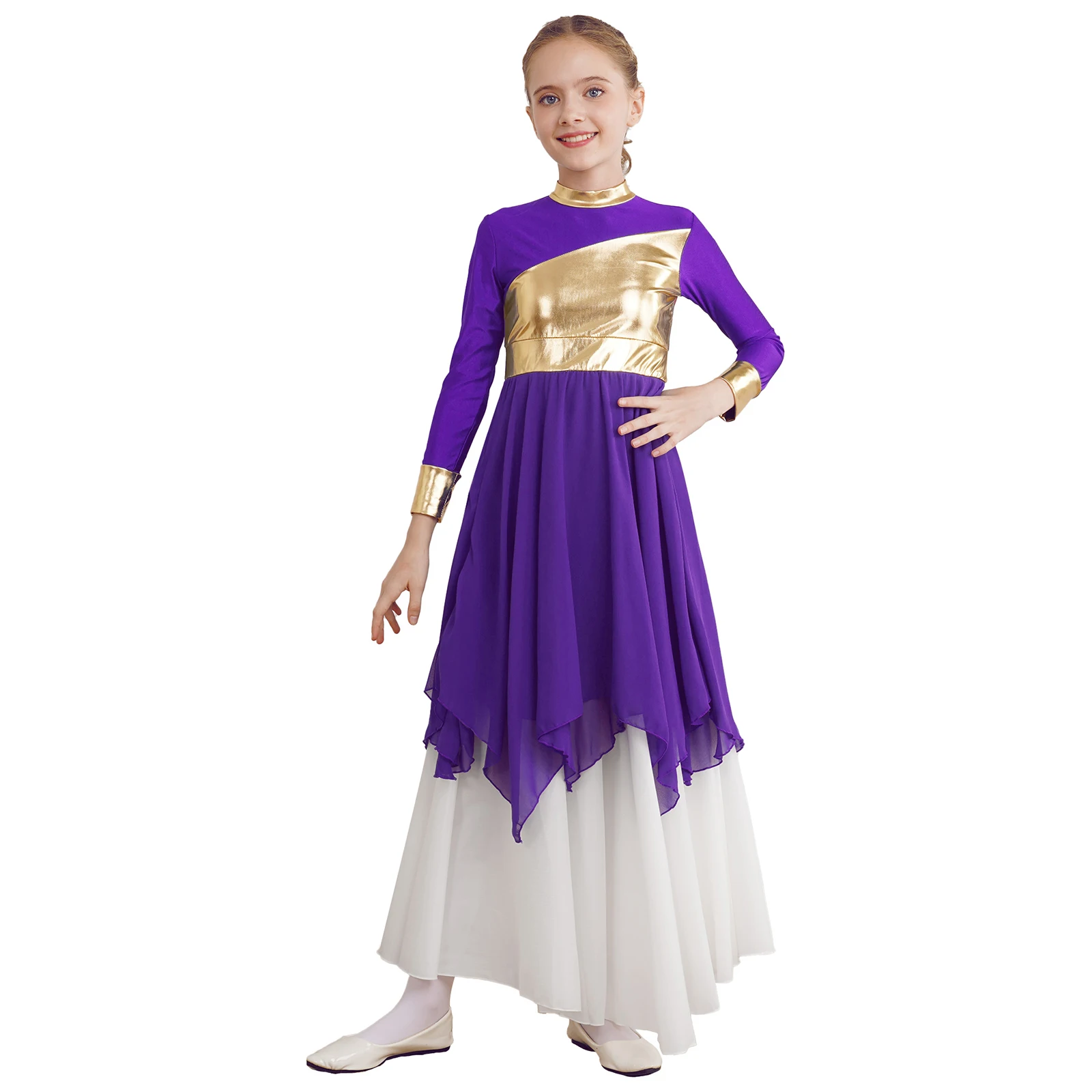 Kids Girls Liturgical Praise Dance Outfit Modern Dancewear Long Sleeve Color Block Metallic Patchwork Dance Dress+Wide-Leg Pants