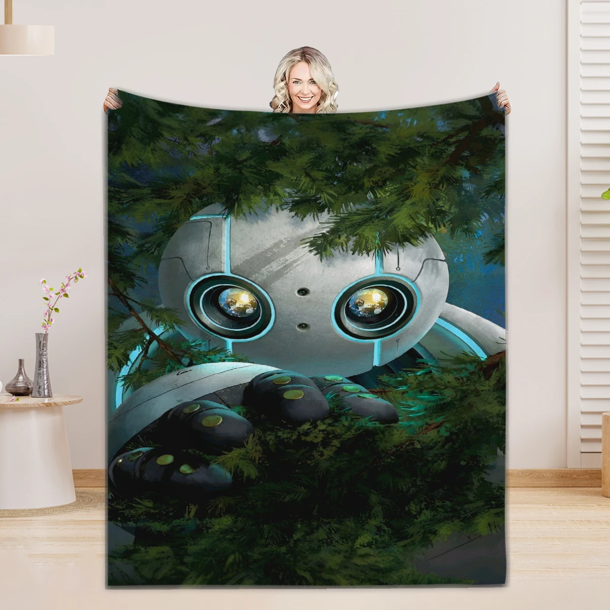 Lovely Robot Print Flannel Blanket Quality Soft Warm Throw Blanket Winter Kids Couch Bed Fluffy Bedspread, Birthday Gift for Kid