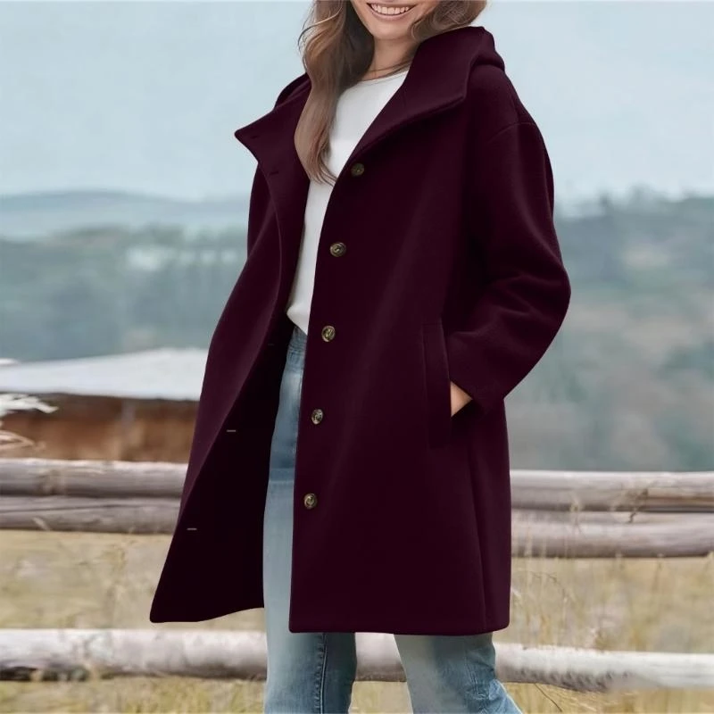 Women's Loose Fit Hooded Coat with Side Pockets and Length Casual