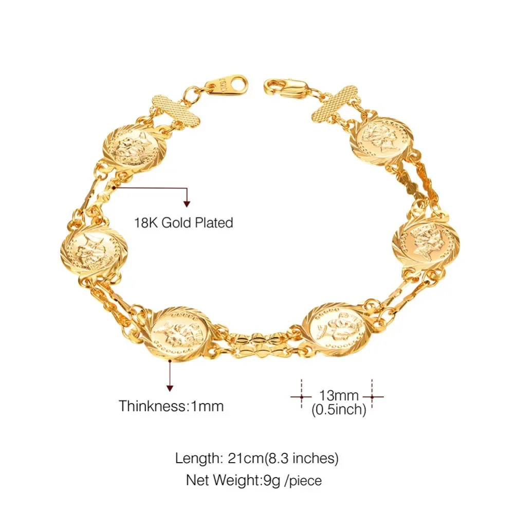 U7 Embossed Queen Charm Coin Bracelets for Women Jewelry Retro Gold Color Link Chain Bangles QC24