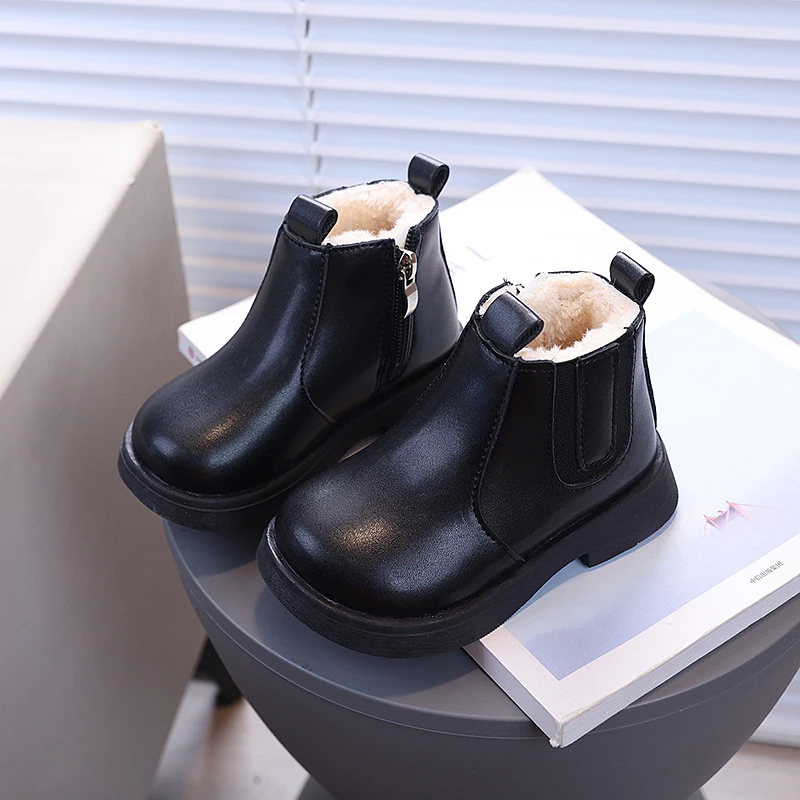 Botas de piel sintética para niños y niñas, botines cálidos de felpa con cremallera, estilo Chelsea, invierno, 2024