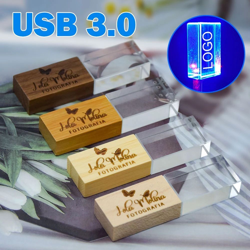 การถ่ายภาพงานแต่งงานโลโก้ที่กําหนดเองไม้คริสตัลไม้ USB 3.0 แฟลชไดรฟ์ 64GB 32GB 16GB 4GB รุ่น Memory Stick U Disk