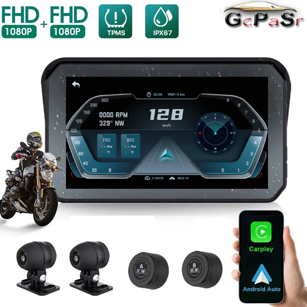 

5 inch WiFi Wireless Car Motorcycle Carplay Waterproof 1080P Android-Auto DVR Monitor Dash Cam GPS Navigation TPMS +SD