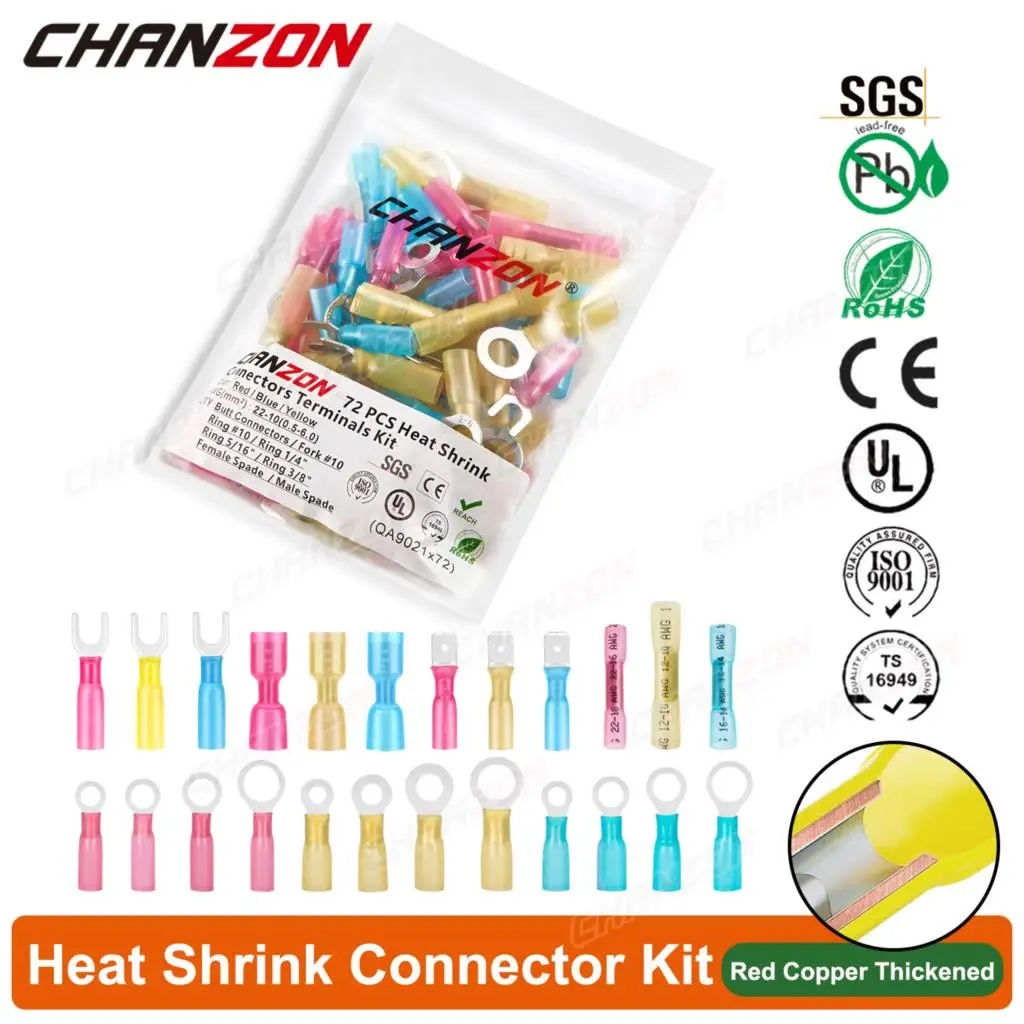 

72PCS Heat Shrink Butt Ring Spade Fork Wire Terminal Kit Waterproof Insulated Crimp Splice Electrical Cable Joint Tube Connector