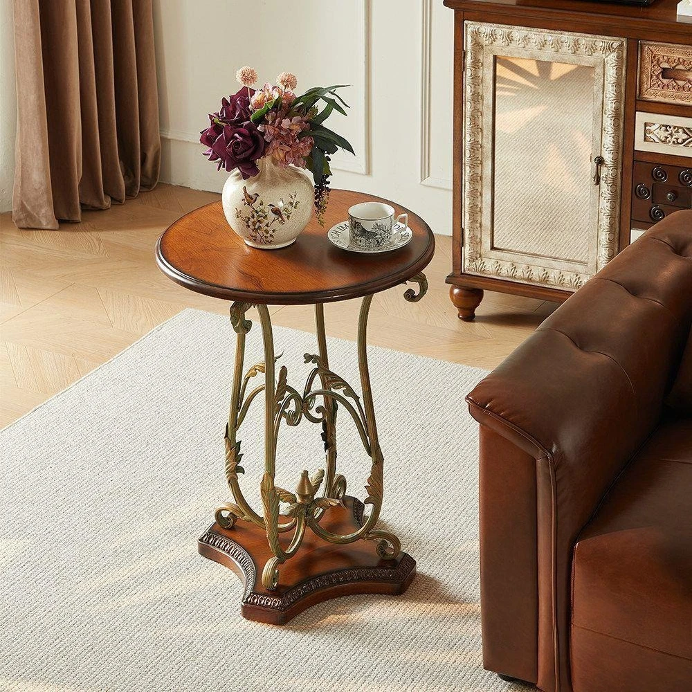 American retro solid wood small coffee table metal balcony coffee table living room