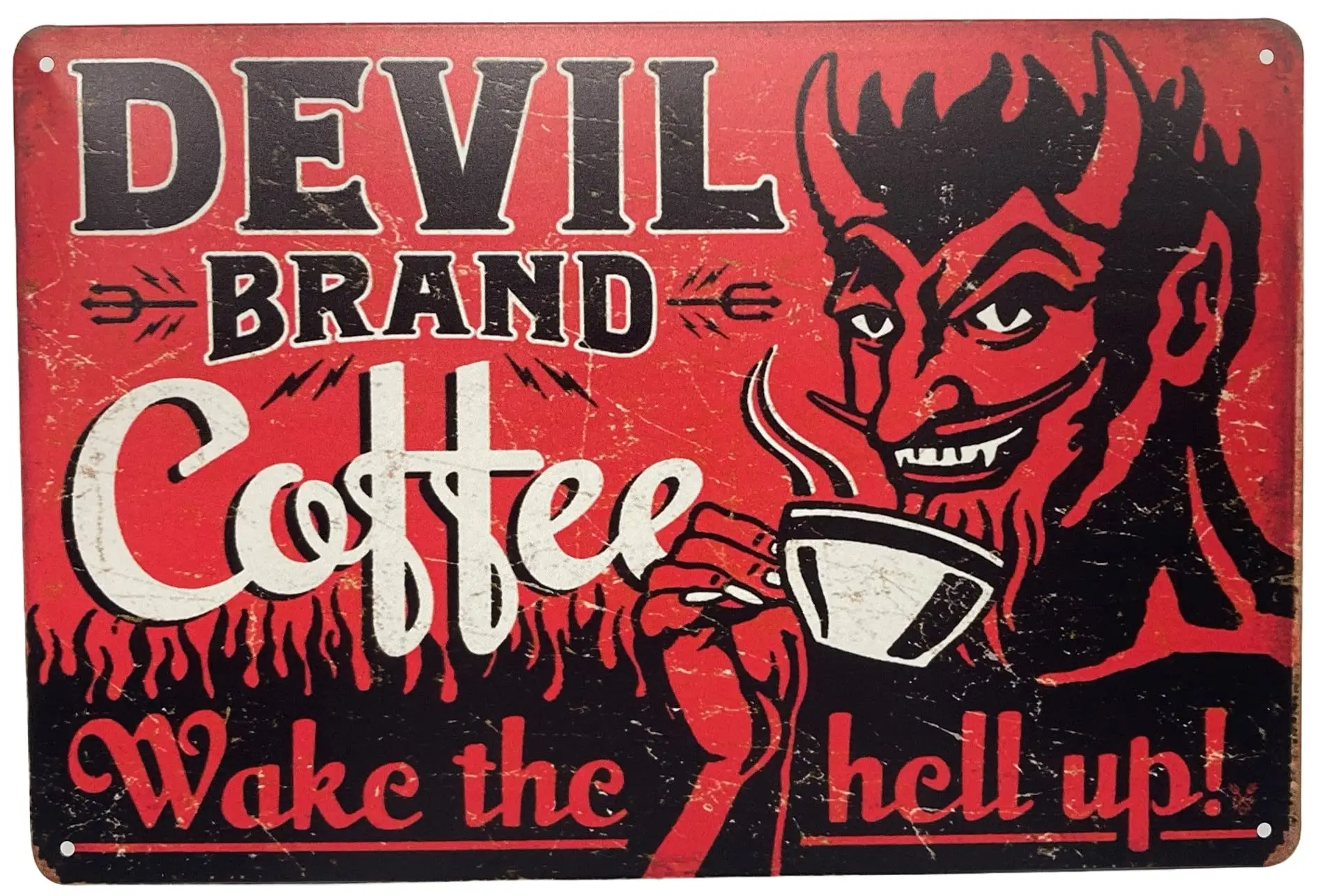 Tin Metal Wall Sign | Devil Coffee Wake the Hell Up! 8 x 12 in. | Decorative Wall Plaque Poster for Room Garage Man Cave (Set of