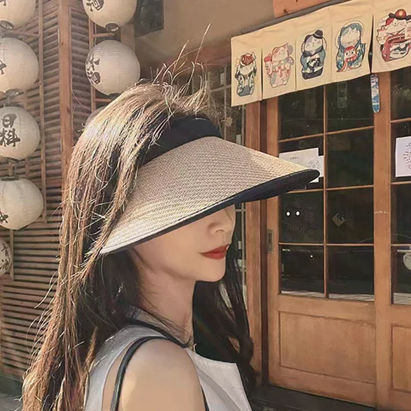Sweet Sun Protection Straw Hat Practical Large Eaves Visors Beach Hat UV Protection Women Empty Top Ponytail Hats