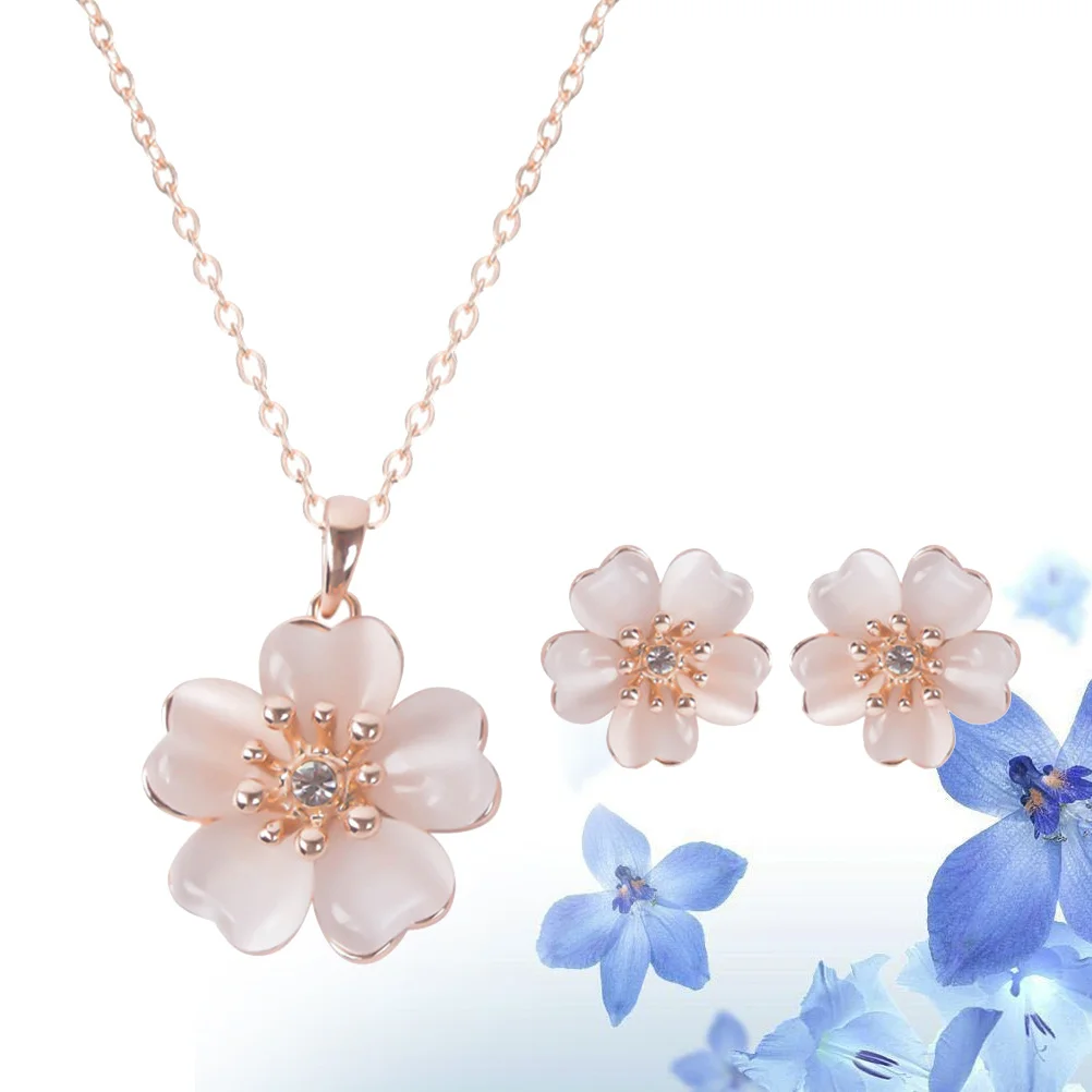 سبيكة زهرة قلادة أقراط مجموعة مجوهرات حساسة زهرة على شكل قلادة قابل للتعديل سلسلة هدية لعيد الحب الذكرى #2