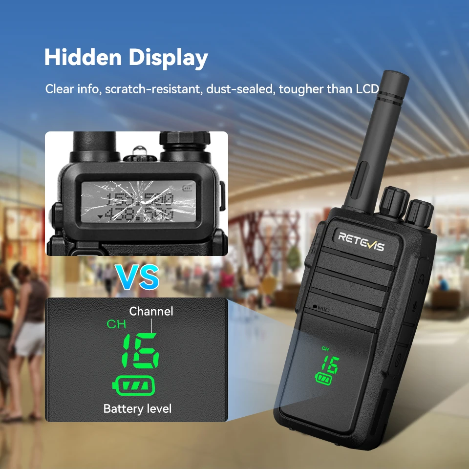Retevis RT21H Radio bidirectionnelle FRS PMR portable sans licence avec écran caché port USB-C VOX radio robuste pour la restauration