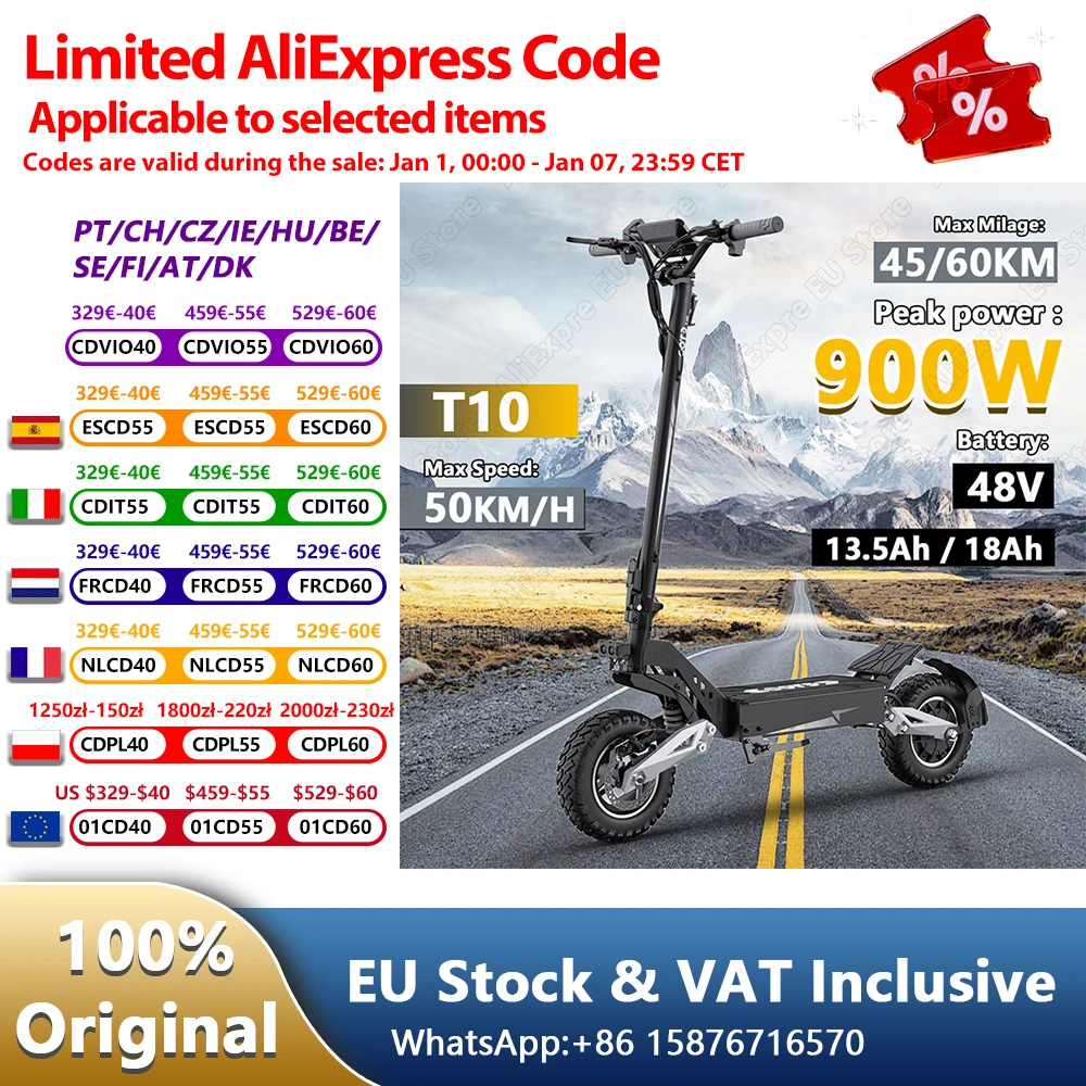 OOTD T10 e-scooter 900W puissance de pointe 48V 13.5/18 Ah batterie affichage LED Scooter électrique pour adultes 11 pouces tout-terrain pneus EScooters