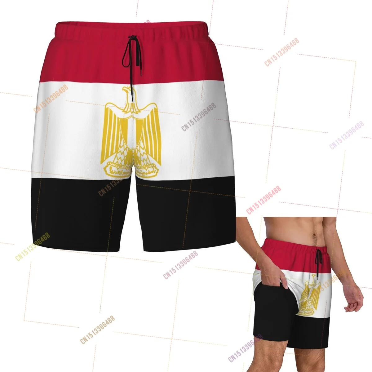 2026 Egypt Flag Top Print 3D Mens Swimming Trunks Hawaiian Bathing Beach 2 in 1 Quick-Dry Summer Swim Shorts With Pockets