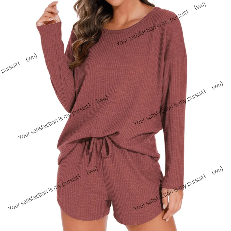 ZOCI-Conjunto de pijama de punto tipo gofre para mujer, top de manga larga y pantalones cortos con traje informal, se puede usar fuera de la ropa de descanso