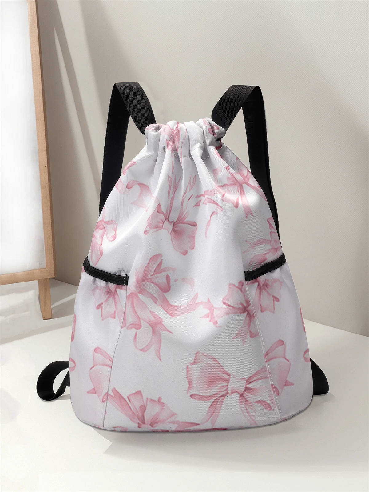 

Bow Pattern Drawstring Backpack - Large Capacity Durable Fitness Bag, Adjustable Shoulder Straps, Sports Beach Backpack
