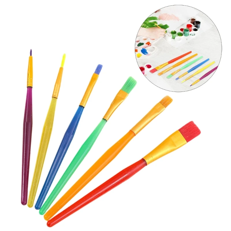 6Pcs Candy Color Paint Brush Fine/Flat Tip, Plastic Paint Brush Children Paintbrush for Acrylic Watercolor Painting