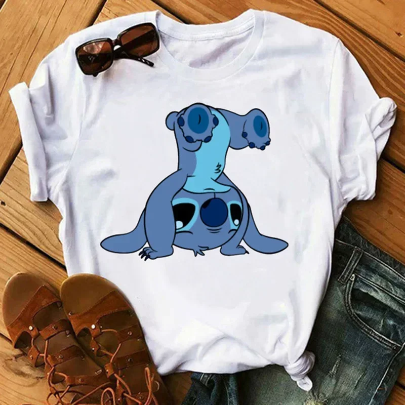 Stitch Print Round Neck Loose Couple Top Disney White Short-sleeved T-shirt 2022 Summer New Women