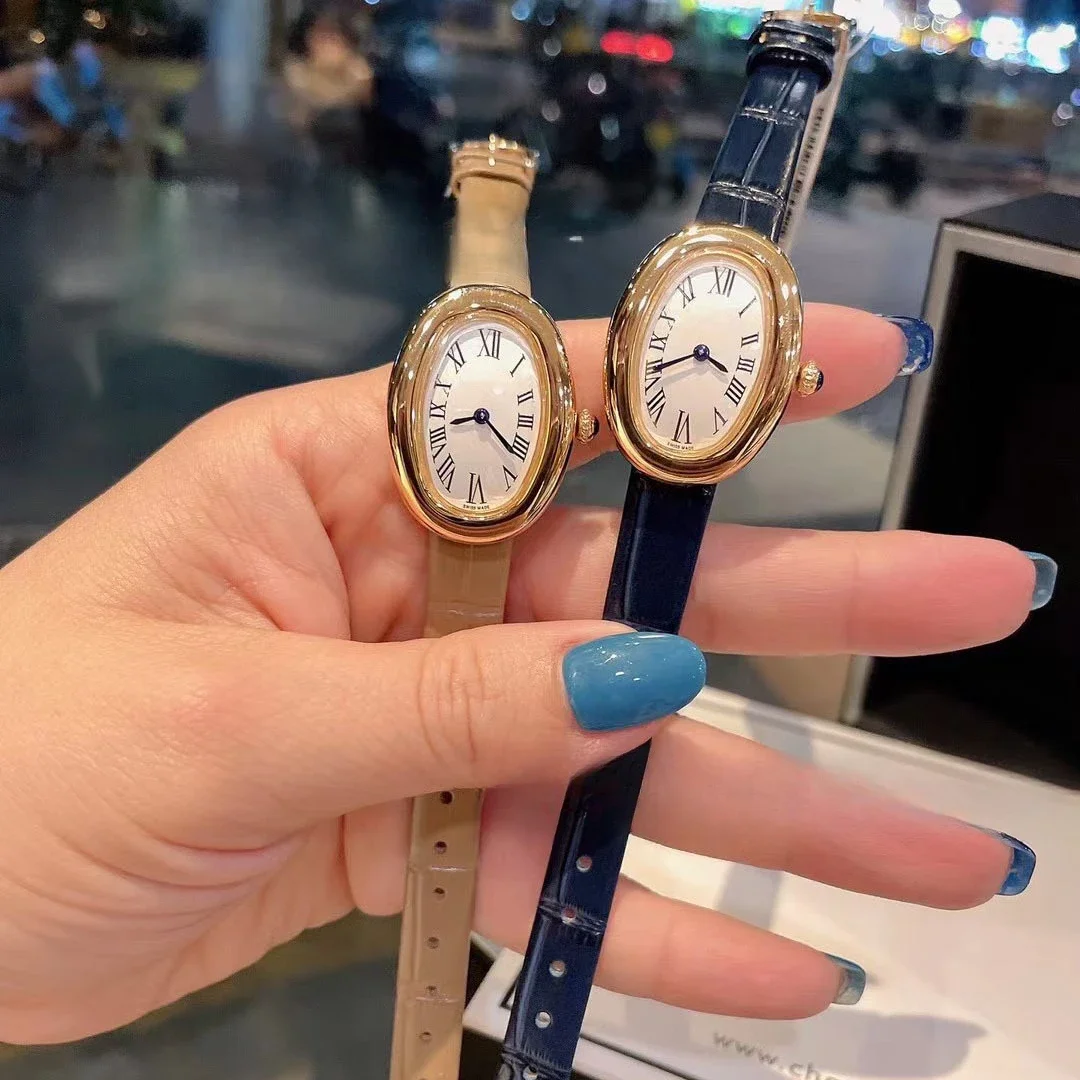 Reloj de cuarzo de bañera Ovalada para mujer, joyería vintage, reloj de pulsera de alta gama, pequeño reloj de frijol dorado con logotipo