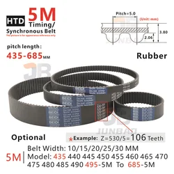 Cinghia dentata in gomma HTD 5M 455 460 465 470 475 480 485 490 - 530 a 755-5M larghezza 10 15 20 25 30 MM 5M cinghia dentata sincrona