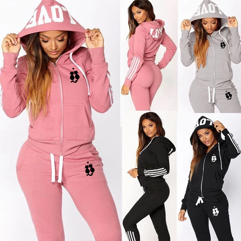 Autumn New Cat Print Women Comfortable Casual Tracksuits 2 Piece Sports Outfits Long Sleeve Tops and Slim Fit Long Pants Suit