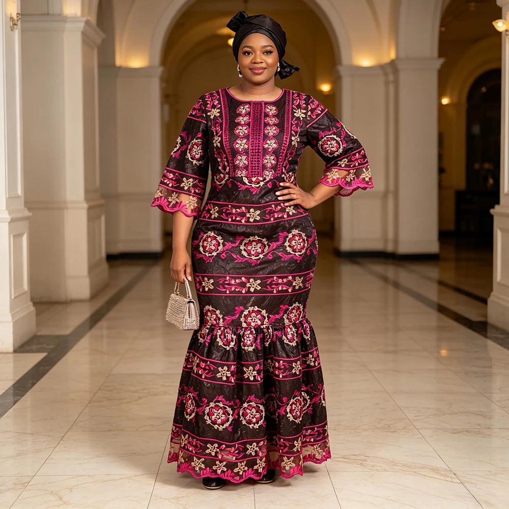 Plus Size African Clothes for Women 2026 New Dashiki Ankara Embroidery Bazin Boubou Robe Muslim Wedding Evening Party Long Dress