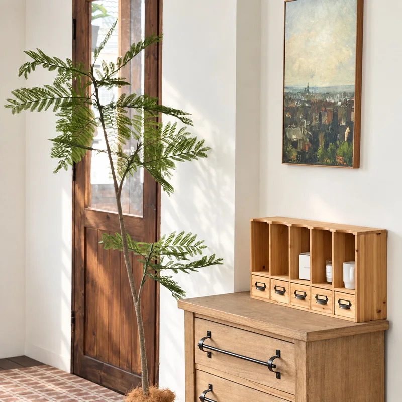 Rustic Zakka Cedar Wood Desk Organizer, 5-Drawer Storage Cabinet with 5 Cubbies for Office, Crafts and Home Decor