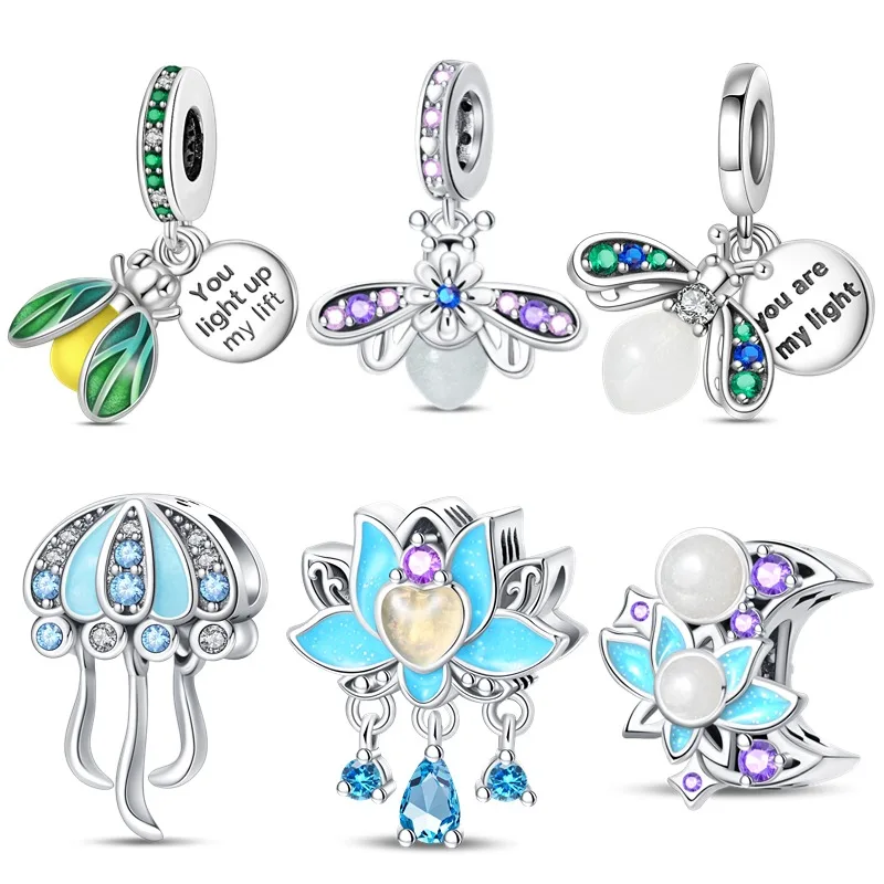 Silver Color Luminous Changing Series-Blue Lotus Beads Fit Pan Bracelet DIY Charm For Women Jewelry Fashion Gift Hot