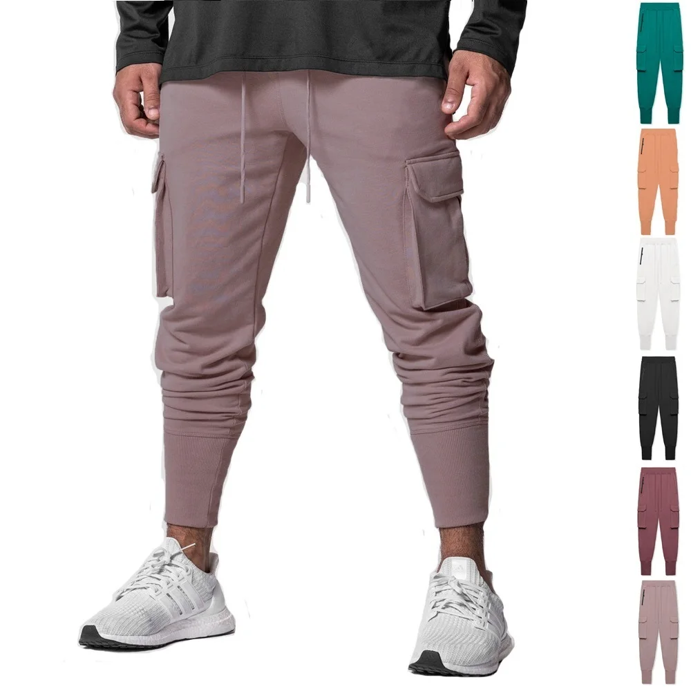 Mens Fitness Running Jogging Thick Cotton Cuffed Cargo Pants Joggers Streetwear Multi-pocket Trousers Sport Training Sweatpants