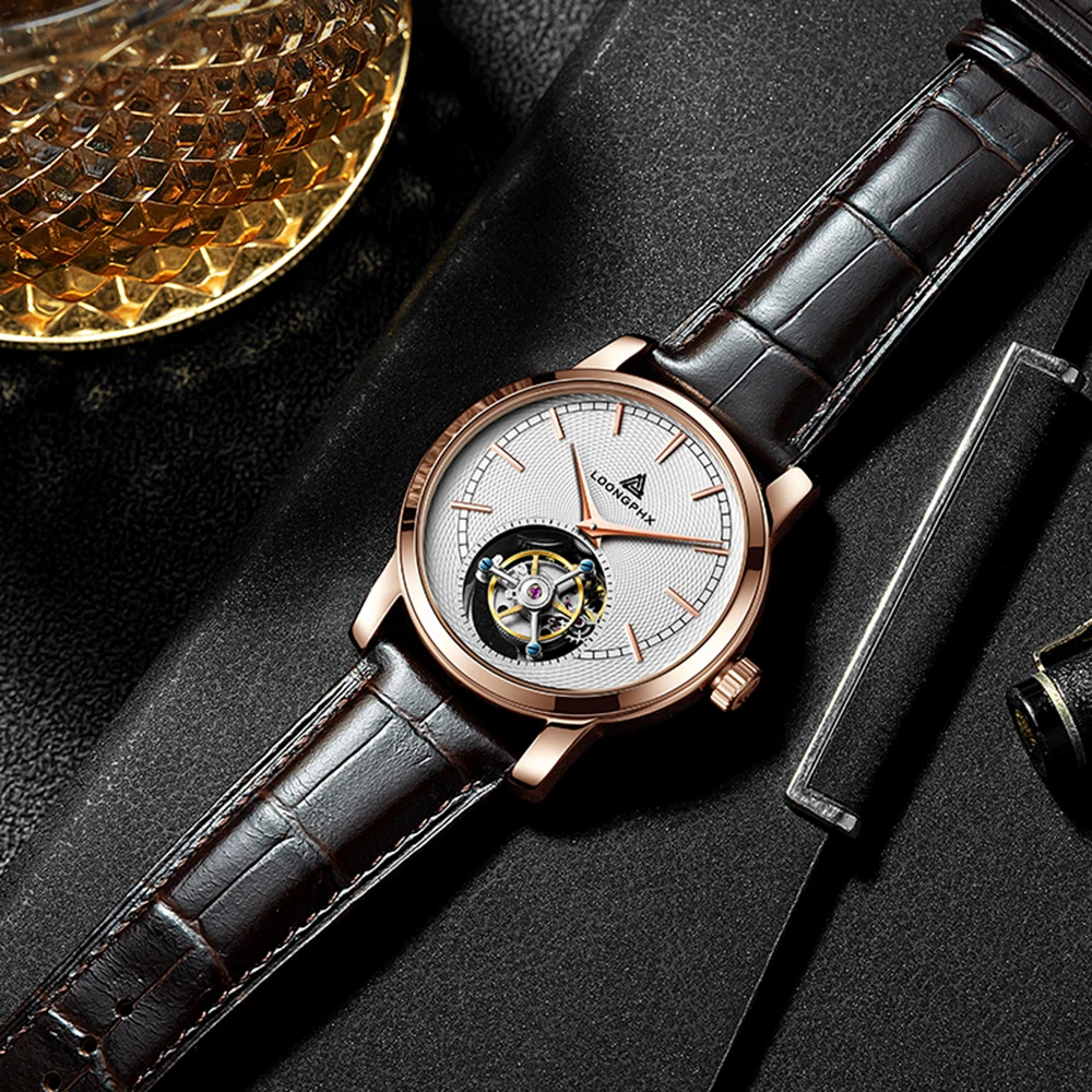 นาฬิกาหรู Tourbillon สำหรับผู้ชายนาฬิกากลไกไขลานนาฬิกาข้อมือธุรกิจ42มม. แบรนด์ชั้นนำนาฬิกา28800vph 2023 loongphx