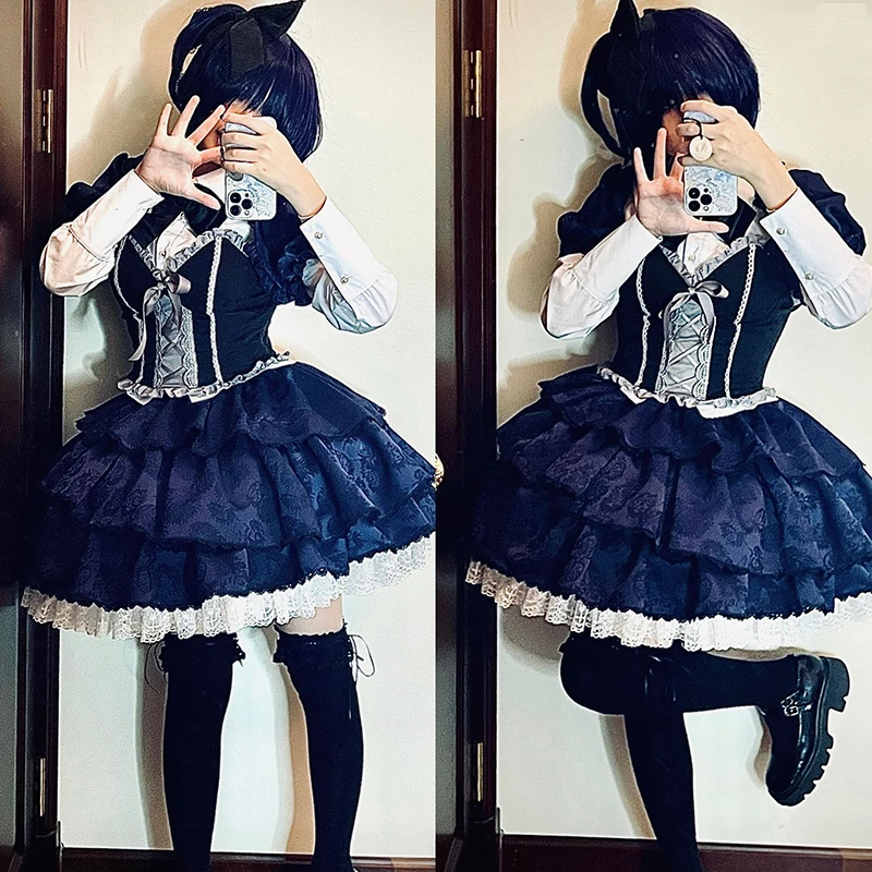 

New Rikka Takanashi Cosplay Chunibyo love Daily Dark Blue Lolita Printed Female Dress Costume E