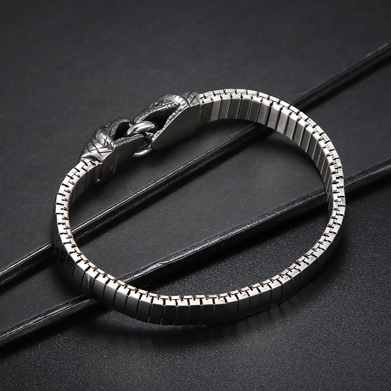 Fongten Double Snake Charms Men\'s Bracelet Watch Strap Chain Stainless Steel Wrist Bangle Bracelets For Men Silver Color Jewelry