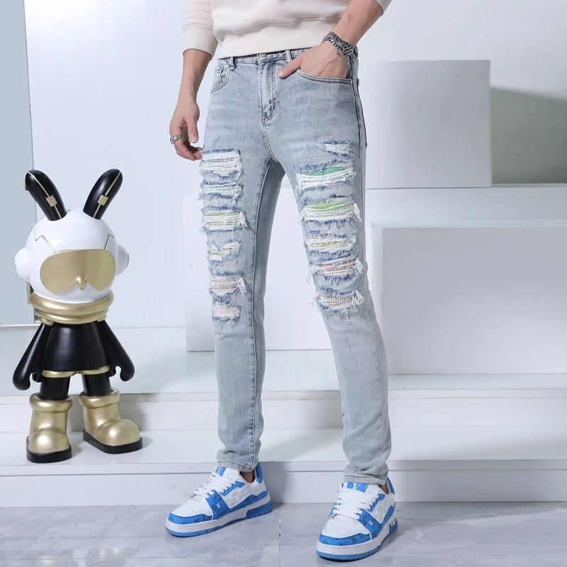 Trendy versatile ripped pants men's jeans fashion street Korean style tight stretch soft and comfortable casual pants