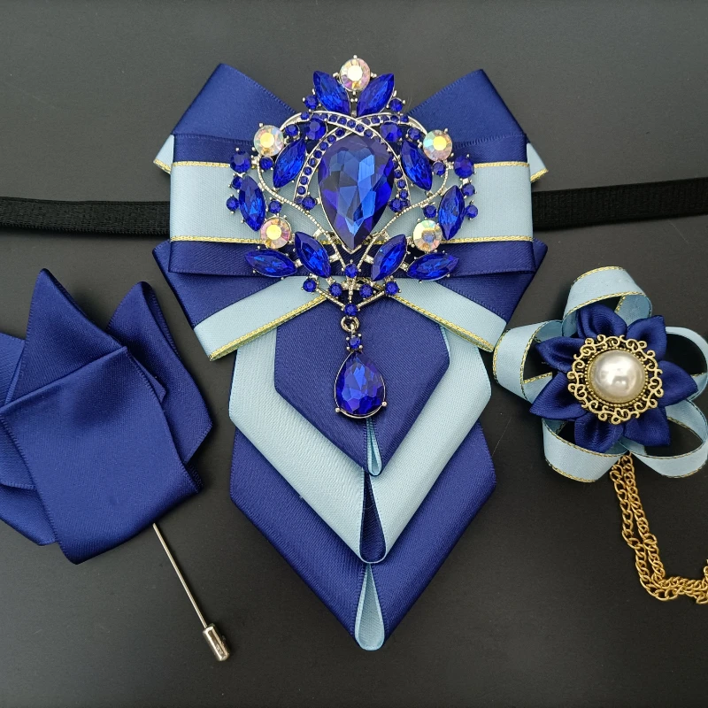 Bow Ties Set for Men Original Design Rhinestone Bowtie Gifts Men's Luxury British Business Banquet Wedding Collar Flowers Brooch