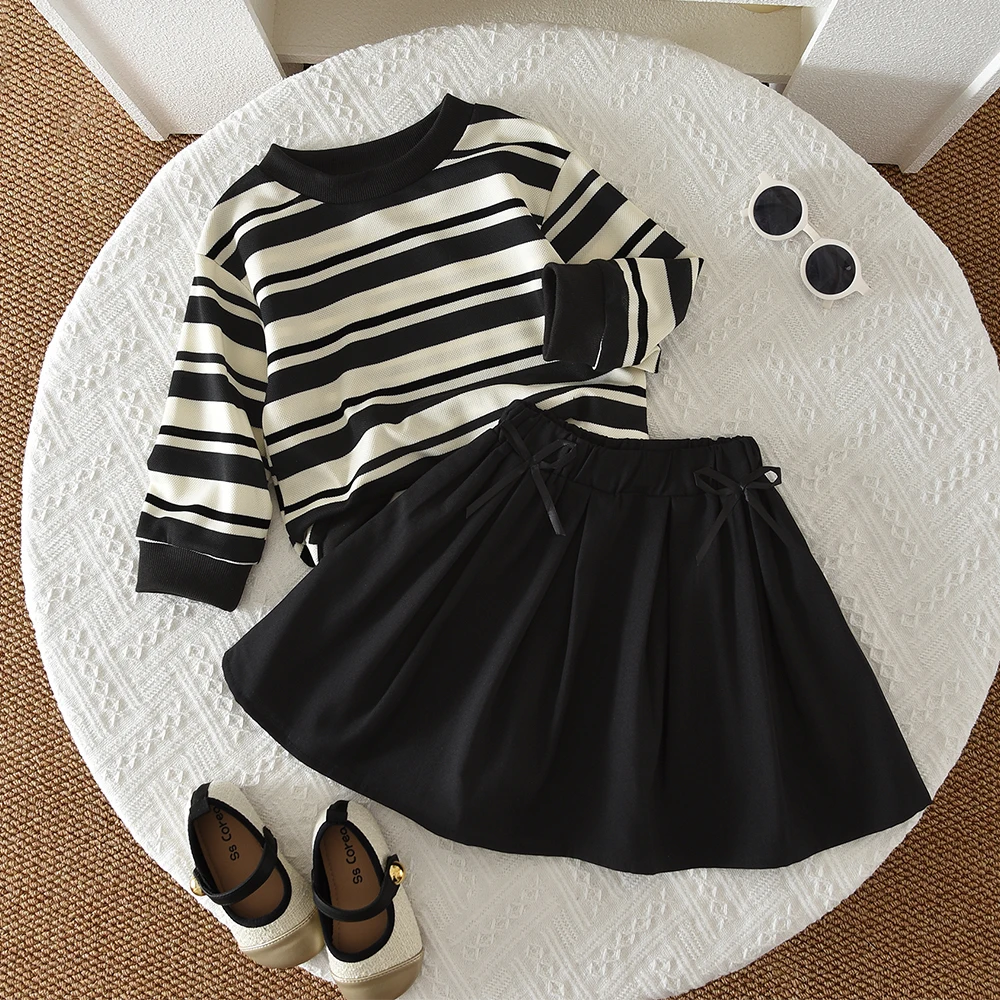 

Осенний новый корейский детский комплект, полосатый топ с длинными рукавами и принтом + плиссированная юбка, модная черная повседневная одежда для девочек