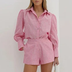 Ladies Lapel Button Shirt and Shorts Suits New Fall Casual Striped Print 2 Piece Sets Office Elegant Long Sleeved Pocket Outfit