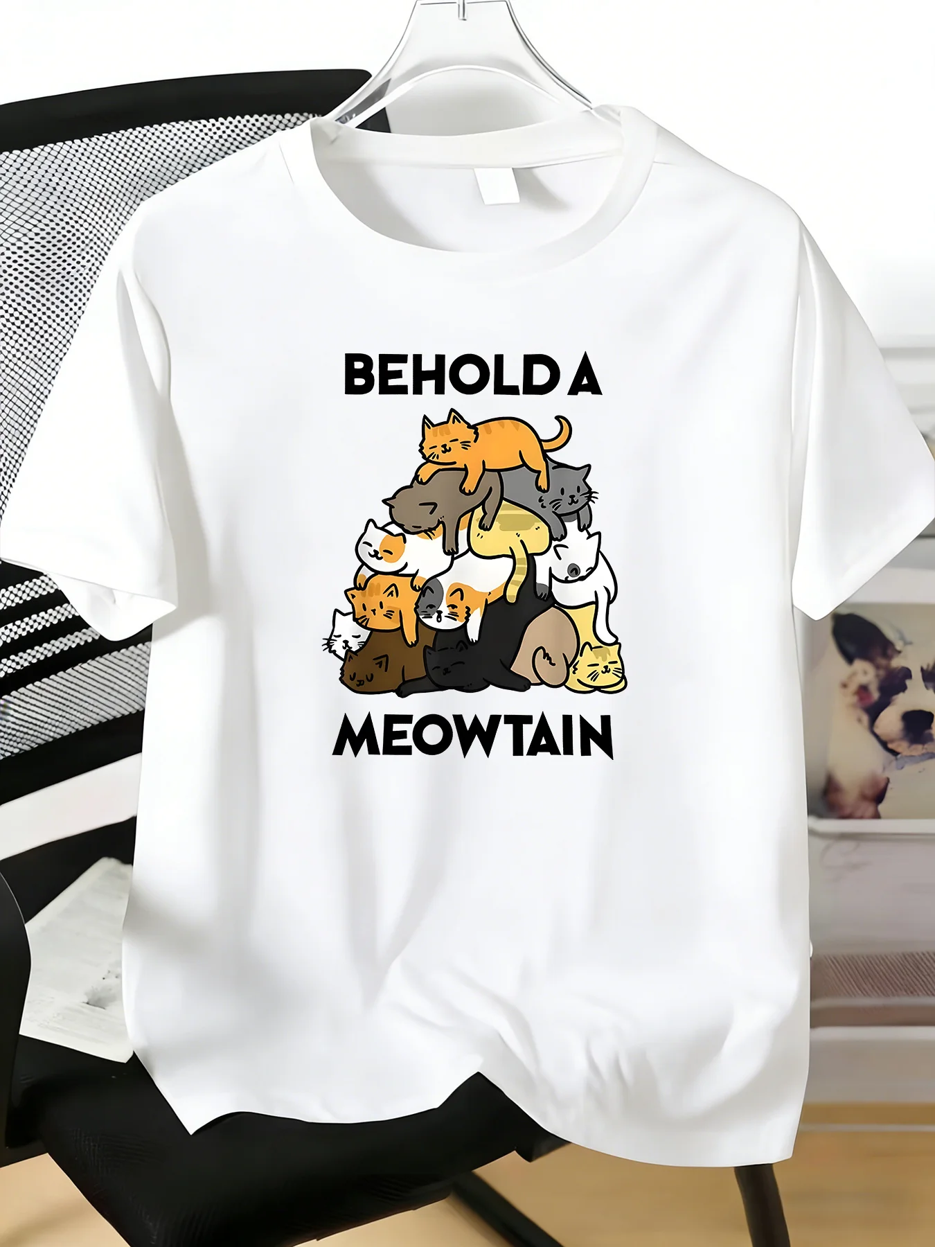 Fashion Mens Red Basic Short Sleeve Tee Cartoon Stack Kitten Meowtain Text Print Comfort Pet Owner Outdoor Casual Summer Tops