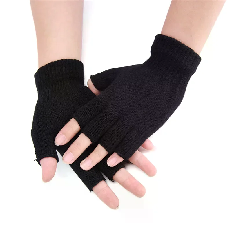 /HTF/Chic Men Black Knitted Stretch Elastic Warm Half Finger Fingerless Gloves Winter