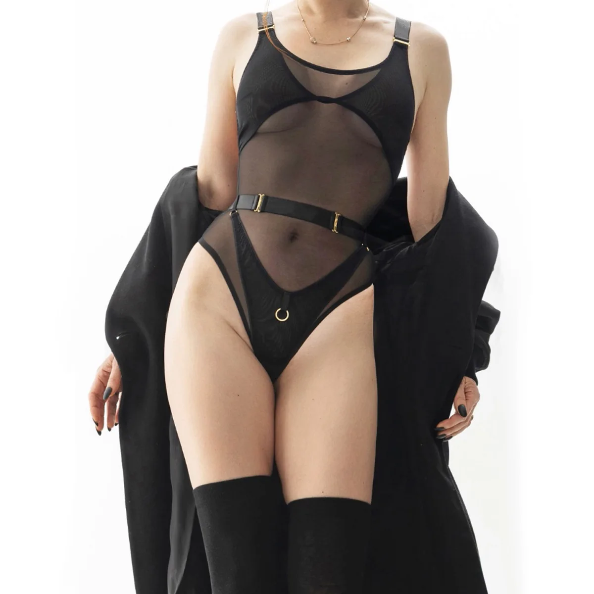 Women's Sheer Mesh Teddy Lingerie Black Sleeveless Deep V Neck Bodysuit Adjustable Straps Metal Ring Detail Sexy Nightwear