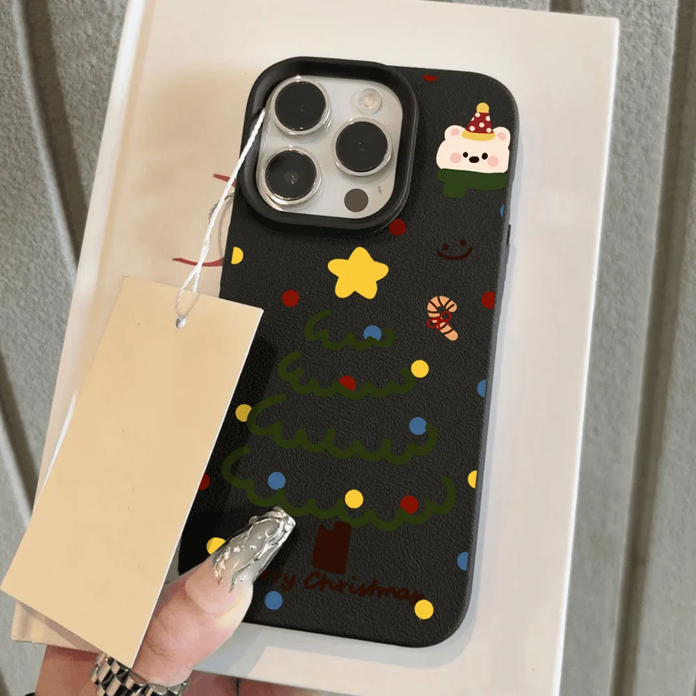 Christmas Tree Leather Painted Phone Case For iPhone 11 Pro Max 16 15 Pro 14 13 12 Cover 15 14 Plus Sockproof Protective Funda