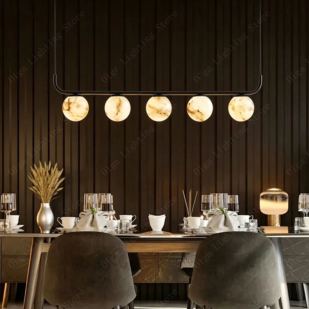 Modern Linear Natural Marble Spheres Chandeliers, Upgrade Your Dining Room Elegant Alabaster Light Fixture Black Gold Lampa