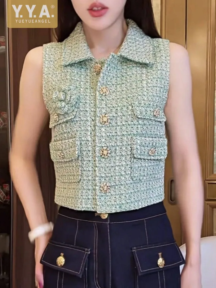 

French Style Autumn Women Loose Fit Sleeveless Vest Coat Turndown Collar Single Breasted Tweed Jacket Lady Streetwear Waistcoat